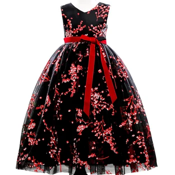 

2018 Newest Fashion Girls Dress kids elegant Sleeveness Tulle Baby Flower Floral Embroidery Black Vintage Dress for 10yrs