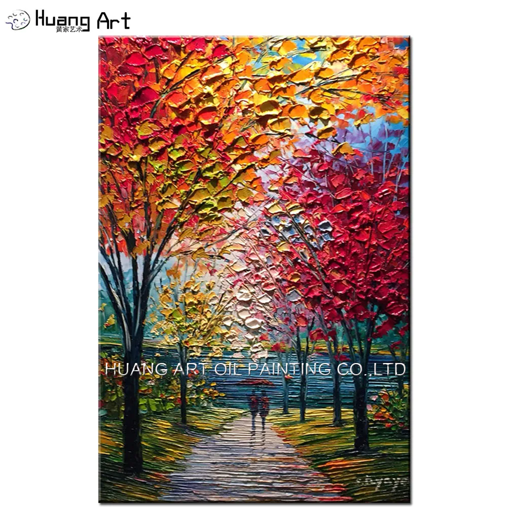 

Wholesale Hand Painted Modern Knife Autumn Landscape Oil Painting on Canvas Big Tree Pictures for Living Room Decor Wall Art
