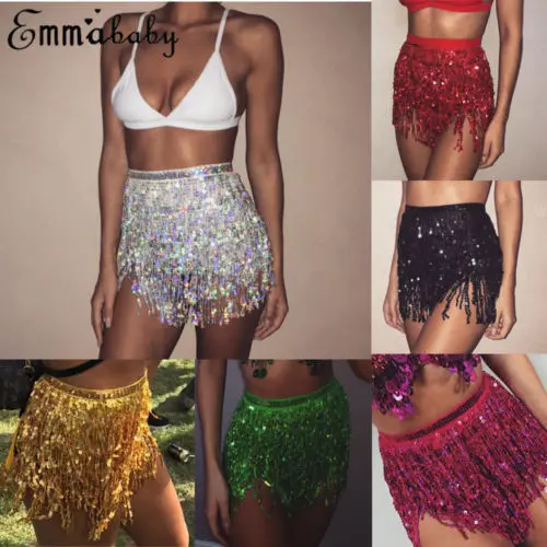 Sexy Women Belly Dance Hip Tutu Skirt Scarf Wrap Belt Glitter Sequins Tassel Hipscarf Skirts Sundress