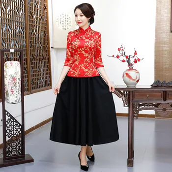 

New Summer Womens Blouse Skirt Sets Traditional Chinese 2pc Shirt Mandarin Collar Cheongsam Button Dress Plus Size S-XXXXL