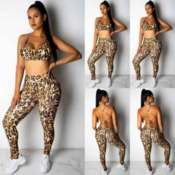 

Women 2PCS/Set Leopard Sports Suit Crop Tops Pants Outfit Casual Workout Tracksuit