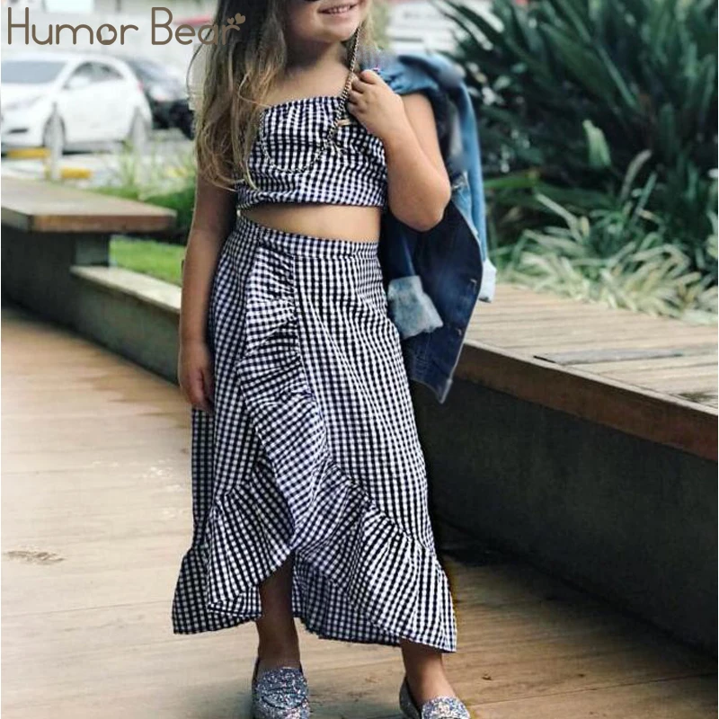 

Humor Bear Baby Summer Girls Clothes Kids Plaid One-shoulder Top+tube-tops+Skirt Three-piece Sets Children's Clothing Suit