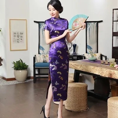 Китайские винтажные платья женские черные длинные Qi Pao Cheongsam черные бабочки печать шаблон короткий рукав костюм для выступлений современный - Цвет: purple