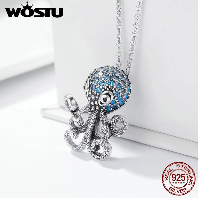 

WOSTU Genuine 925 Sterling Silver Blue Cubic Zircon Ocean Animal Vivid Octopus Delicate Pendant & Necklace for Women Gift BKN166