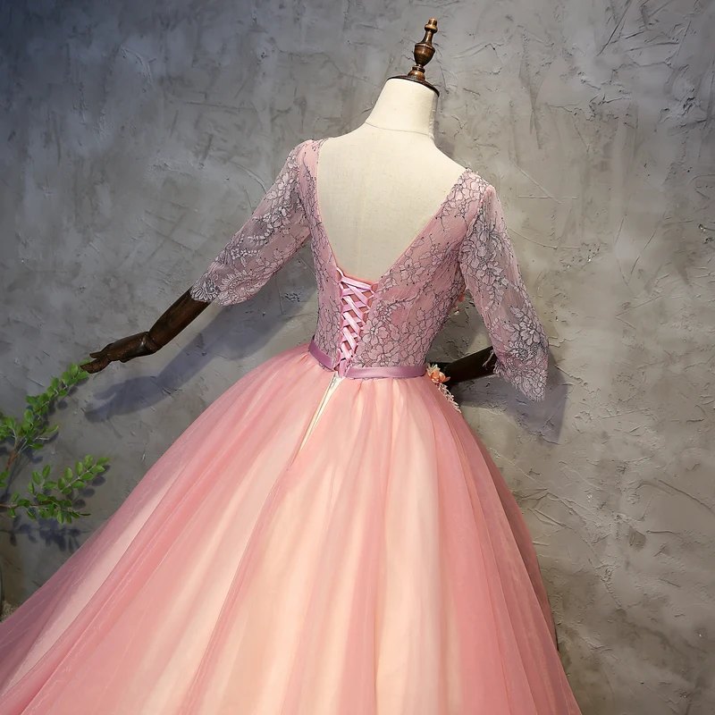 Розовое Бальное Платье кружевные платья для Quinceanera с длинным рукавом 15 милые