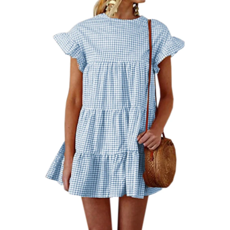 

Kawaii A-line Dress New Flare Sleeve Ruffles Women Dress Femme Plus Size Summer Plaid Dresses Sweet Beach Sundress GV460