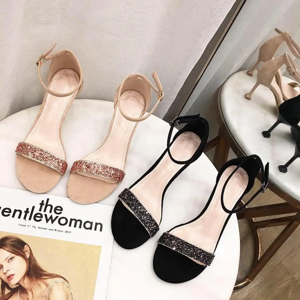 

2019 summer suede sequins versatile simple wild one-button buckle stiletto open toe sandals women