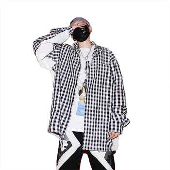 

Oversized Checkered Shirt Men Blouse Button Patchwork Plaid Japan Streetwear Mens Shirts 2019 New Fashion Hip Hop Chemise Homme