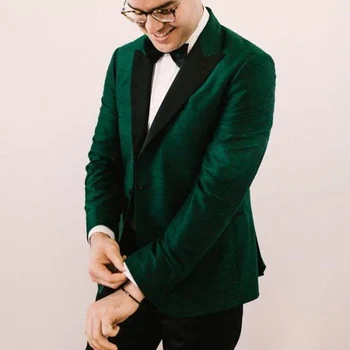 

Green Men Suits with Black Peaked Lapel Blazer Groom Wedding Tuxedos Two Piece Jacket Black Pants New Fashion