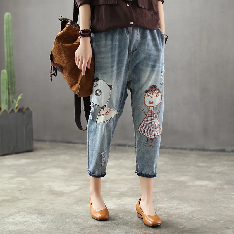 Spring Jeans Women Retro Slim type Denim Trousers Elastic Waist Female