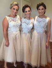 Hot – Cheap Champagne Bridesmaid Dresses White Lace Tea Length Bride Dress Robe Demoiselle D’Honneur