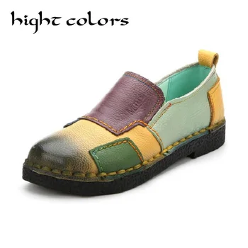 

2019 Fashion Color Block Women Flats Retro Handmade Women's shoes Genuine Leather Female Moccasins Loafers Big Size 41