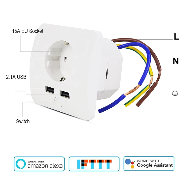 Wi-Fi умная настенная розетка ЕС с 2 портами usb 15A управление переключателем таймера розетка Голосовое управление работа Amazon alexa, Goole Assistant, IFTTT