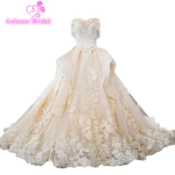

AOLANES 2018 Champagne Tulle Sweetheart Bridal Gowns Sleeveless Royal Train Lace Up Ball Gown Wedding Dresses Vestido De Noiva