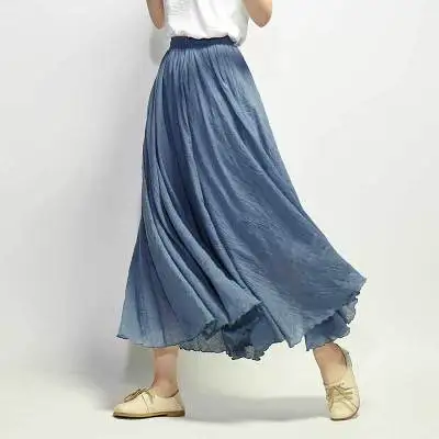 Новые хлопковые длинные льняные юбки, женские плиссированные юбки макси с эластичной талией, пляжные винтажные летние юбки для женщин 8SK0100 - Цвет: blue