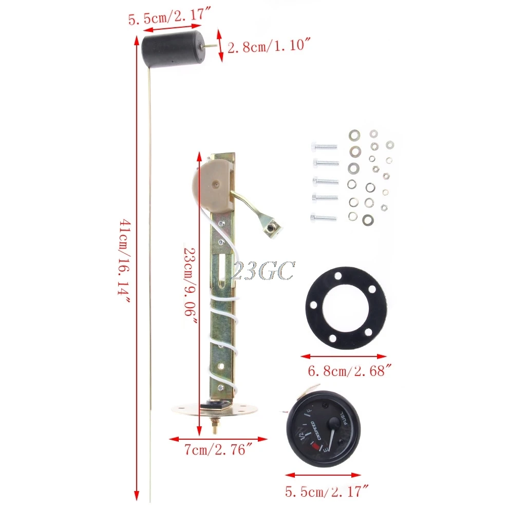 

52mm Car Fuel Level Gauge Meter w/ Fuel Sensor E-1/2-F Pointer 12V Universal O24