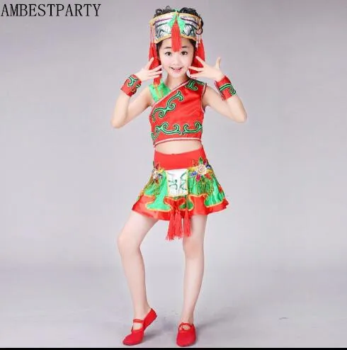 

2018 Hot Performance clothing Ethnic Minorities Chinese Dance Dress Folk Dancing Clothes for Kids Stage costumes AMBESTPARTY