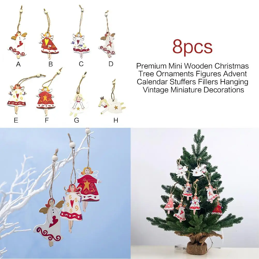 8 шт./партия, мини деревянные украшения для рождественской елки, подвеска в виде ангела, двухсторонняя окрашенная подвесная подвеска, винтажные миниатюрные декоры