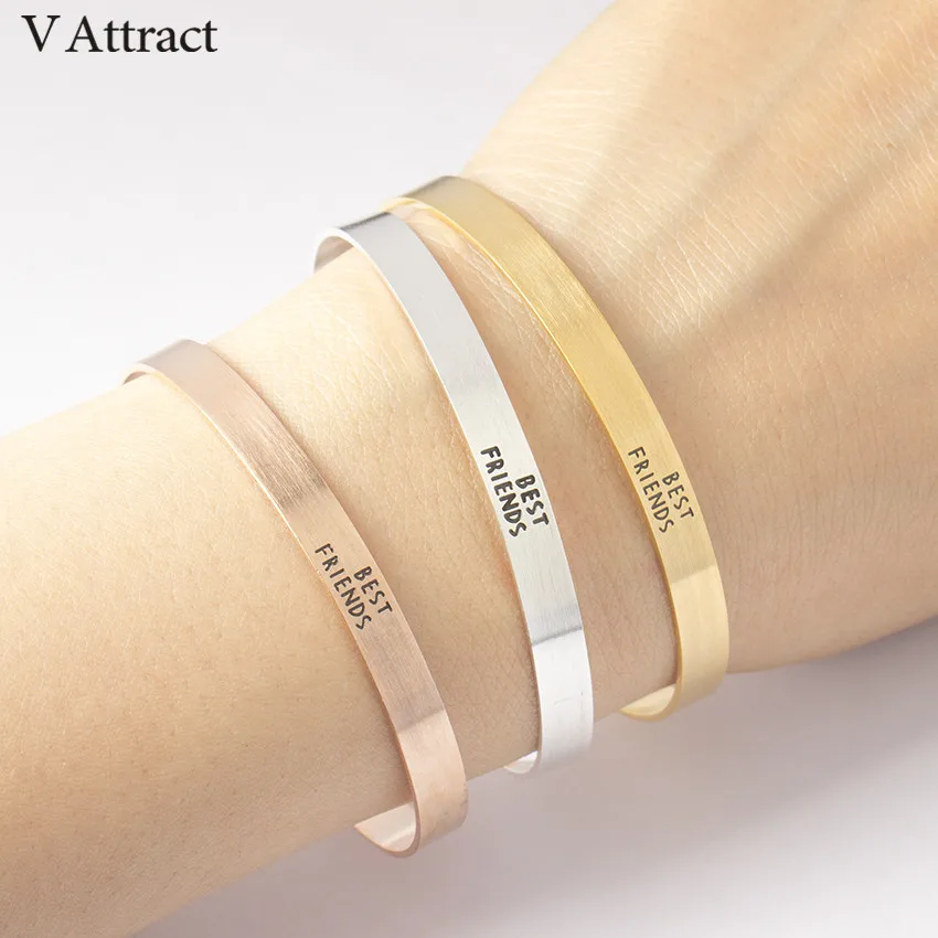 V Attract Friendship Jewelry Stainless Steel Gold Silver Simple Best Friend Letter Cuff Bracelets For Women And Men | Украшения и