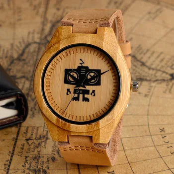 

Cool Recorder Robot Design Light Wood Watch with Brown Genuine Leather Band Hand-made Quartz Wooden Wristwatch for Men