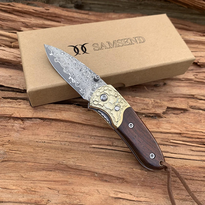 

New EDC Handmade red sandalwood Damascus Pocket Knife VG10 Multifuntion Tools hunting Camping Folding Knife Collection Hiking