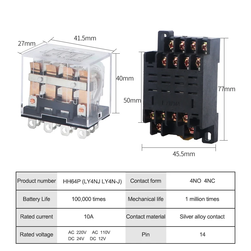 HH64P LY4NJ Electromagnetic Relays Socket Base AC 220V 110V DC 24V 12V 10A Power Relay Switch 14 Pin 4PDT Coil Silver Contacts