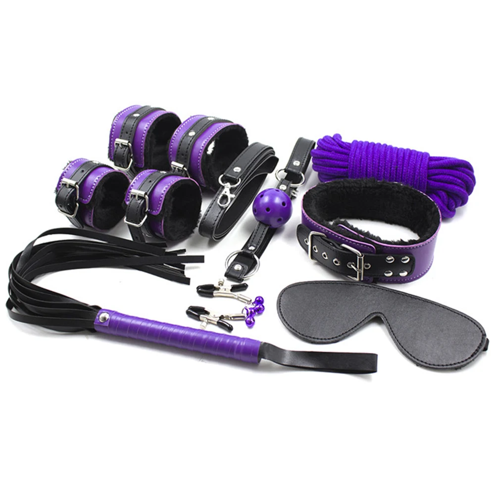 Domi 8pcs Set Purple Restraints Kits Plush Leather Adult Bdsm Bondage Nipple Sex Toys In Bondage