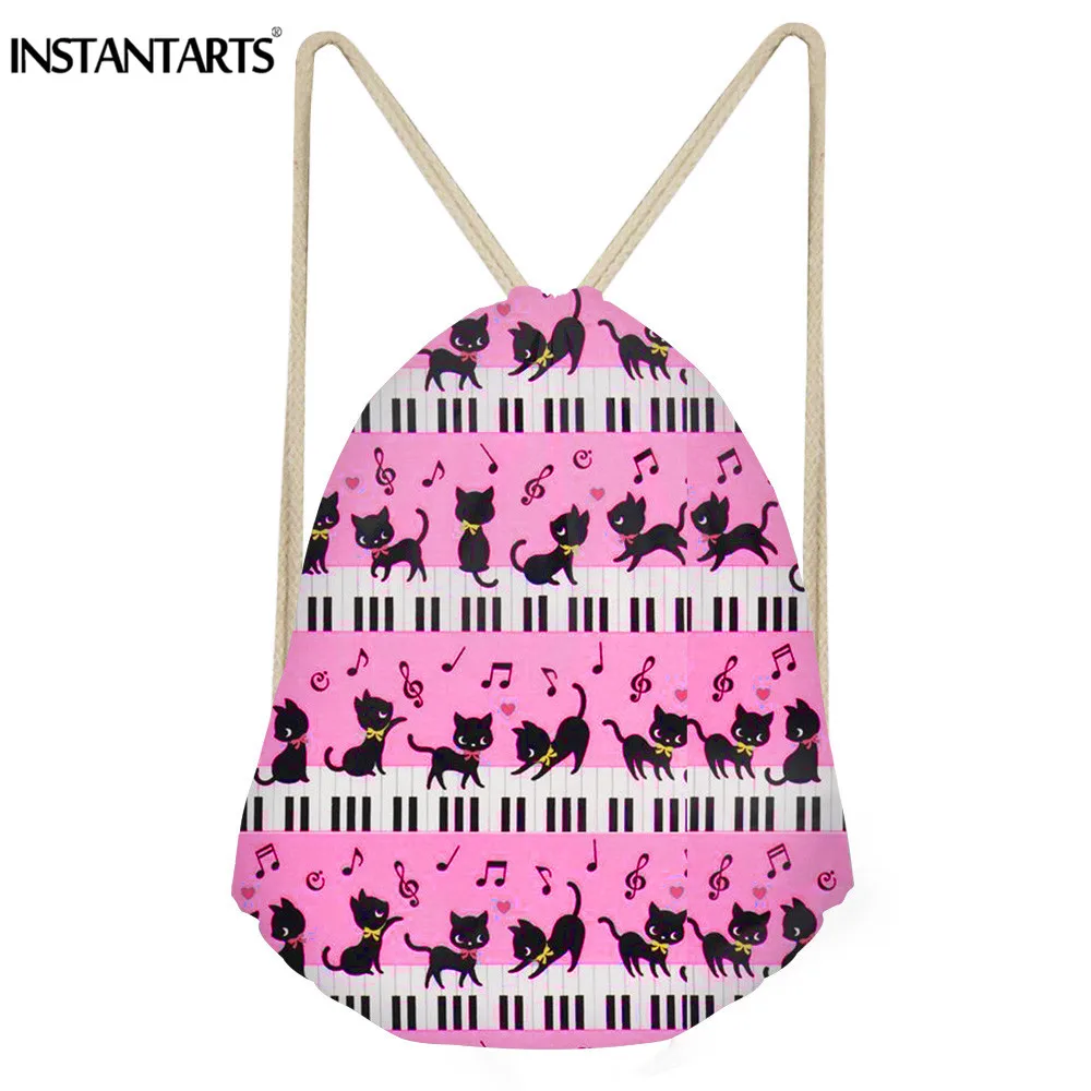 INSTANTARTS Cute Puppy Cat Print Women Girl Mini Drawstring Bag Music Note With Piano Keyboard Backpack