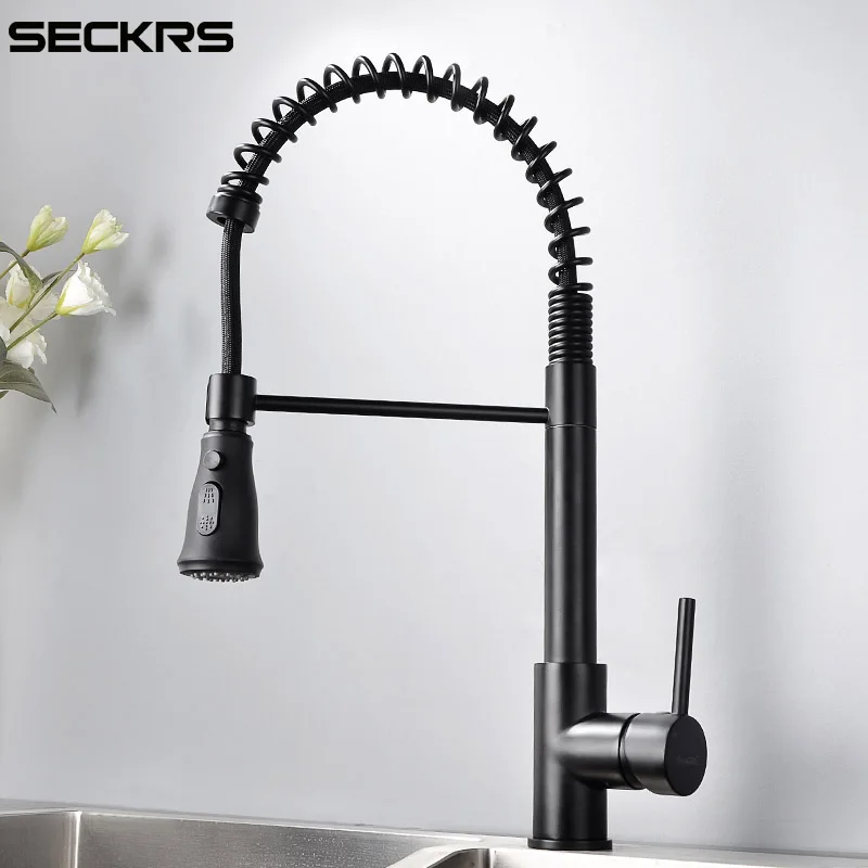

cold and hot water kitchen faucet pull tou type black wire drawing sink dish basin telescopic universal spring faucet
