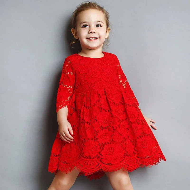 

Quality Baby Girls Dress Lace Floral Party Dress Half sleeve Children Clothing Red White Pink Blue Kids Girl Clothes