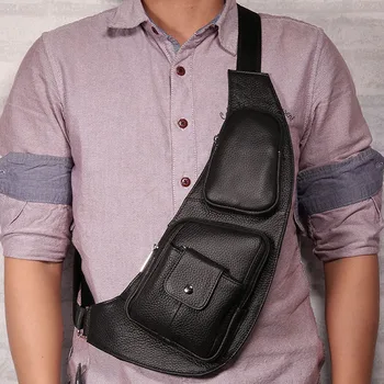 

New Men Genuine leather Cowhide Travel Retro famous brand Studded Messenger Shoulder Sling Day Pack Chest Bag