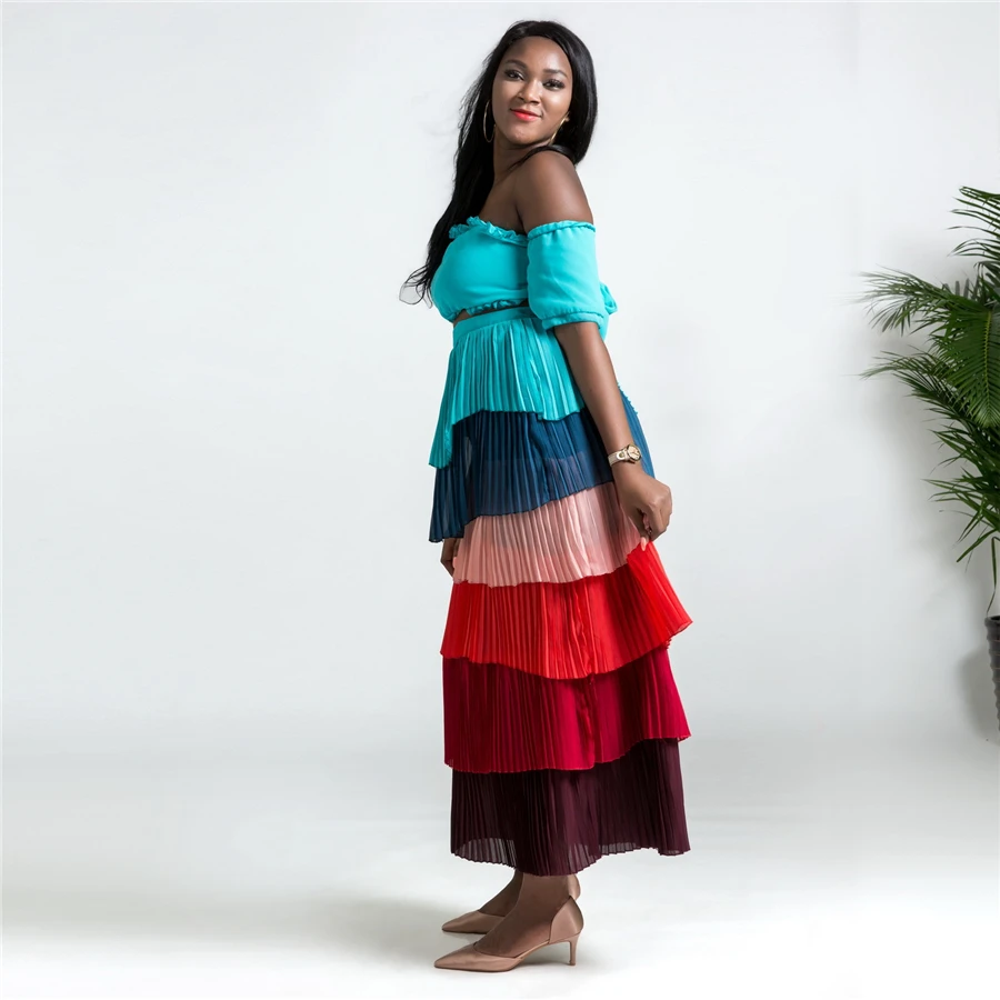 GuyuEra новый европейский и американский Для женщин Африканский Юбка цветов радуги с завернутый груди Топ Большой свободное платье комплект
