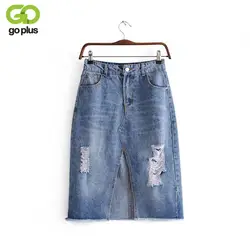 GOPLUS Новинка 2019 года джинсовая юбка высокая талия юбки для женщин для джинсы Saia тонкий спереди юбки средней длины с разрезом повседневное