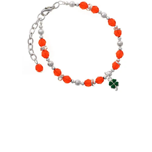 Silvertone Mini Green Four Leaf Clover with Heart Leaves Orange Beaded Bracelet