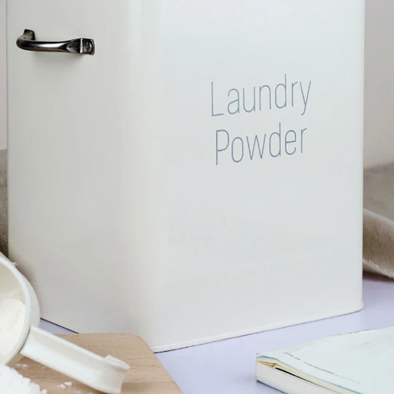 New-Beautiful Powder Coating Metal Zinc Laundry Powder Boxes Storage With Scoop White