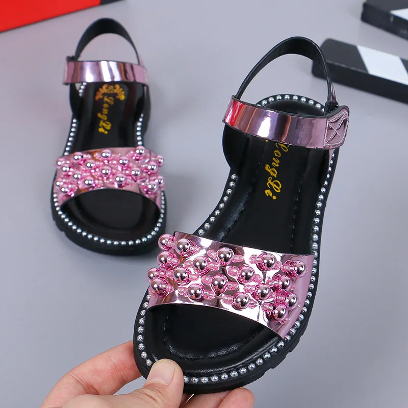 Summer New Girl Rhineston Sandals Kids Child Fashion Bead Patent Leather Princess Sandals Party Shoe For Girls Big Shoe