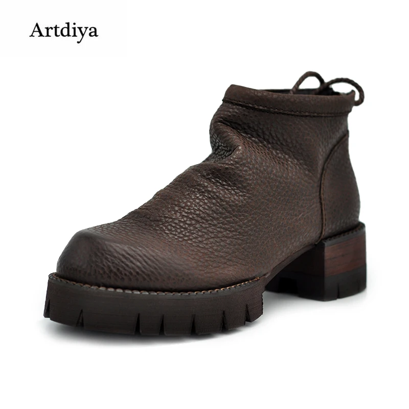 

Autumn and Winter New Personality Retro Cowhide Ankle Boots Handsome Female Waterproof Platform Genuine Leather Women Shoes 9731