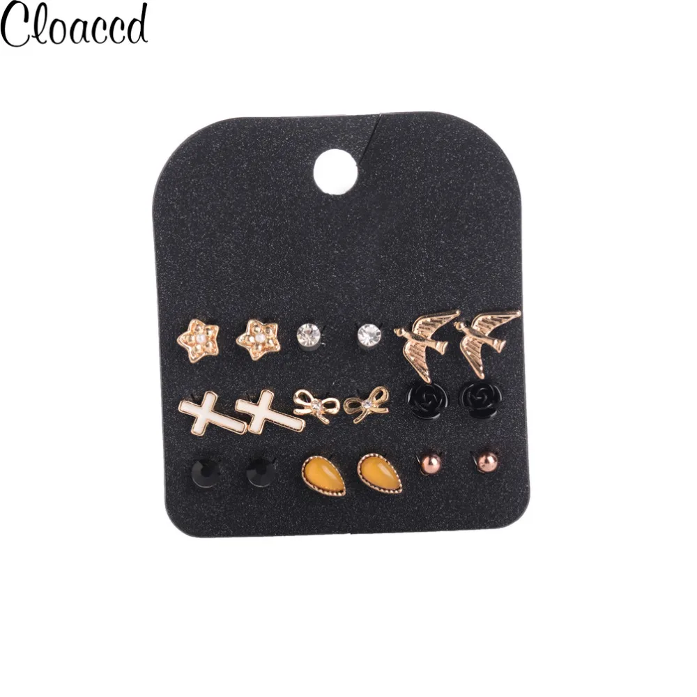 Cloaccd 2017 Fashion Stud Earring Sets Lovely Mix Style Crystal Birds Star Cross Bow Rose 9Pairs/Set for Women | Украшения и