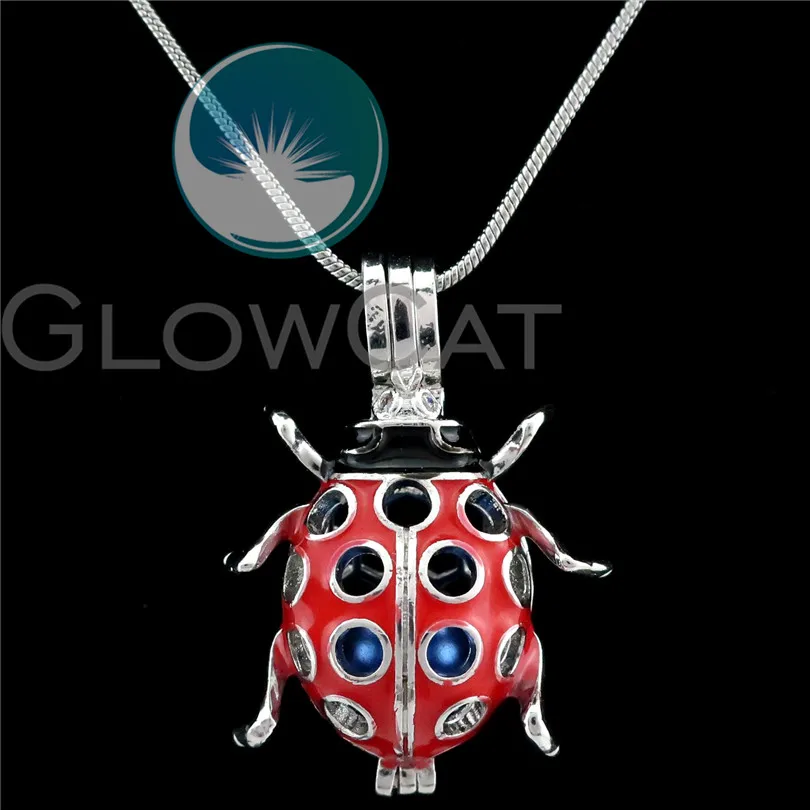 

K817 Copper Insect Ladybug Beads Pearl Cage Perfume Essential Oil Diffuser 22'' Steel Snake Chains Locket Necklace Pendants