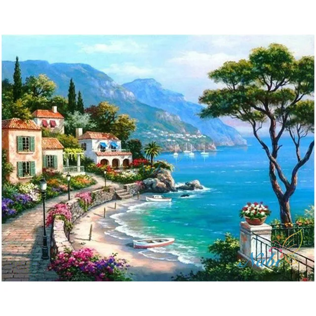 Diamond mosaic full diamond embroidery beads Beautiful Seaside Town Trees cross stitch Square unfinished kits zx | Дом и сад