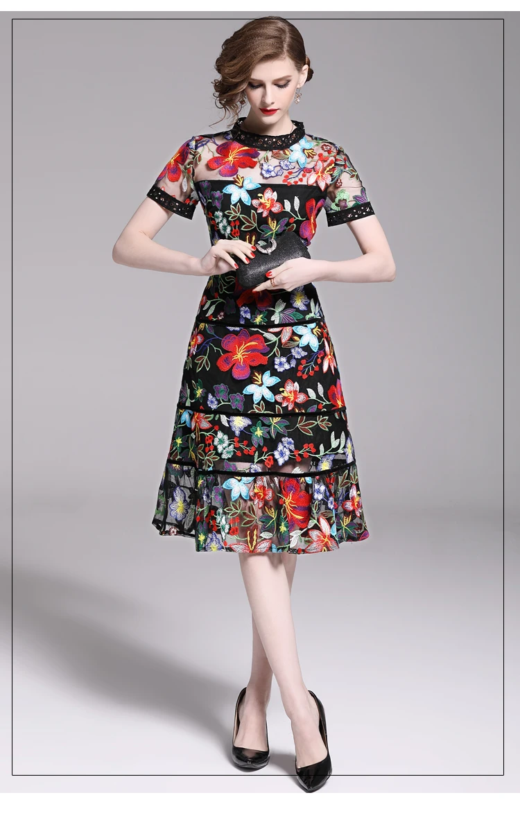 Летнее женское Брендовое дизайнерское Сетчатое платье с цветочной вышивкой, короткий рукав, пэтчворк, открытая тонкая оборка в виде рыбьего хвоста, платье