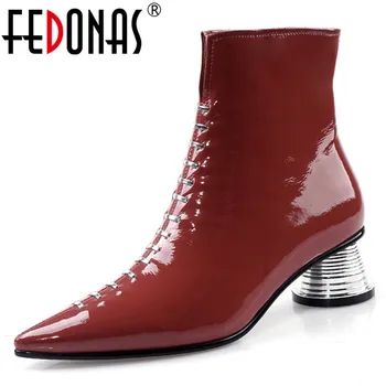 

FEDONAS Winter New Punk Cow Patent Leather Women Ankle Boots Pointed Toe Zipper Strange Heels Short Boots Night Club Shoes Woman