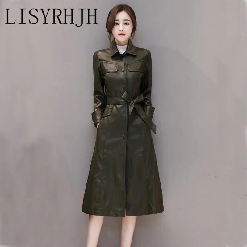 2018 Women Autumn Winter Parka Leather Trench Coats With