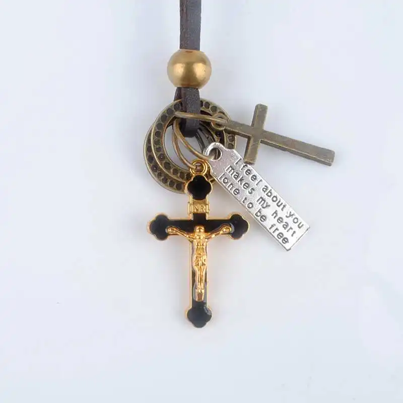 

Antique Vintage Long Rope Chain Necklace Alloy Cross Fineness Enamel Pendants Neckless Leather Cord Men Jewelry Accessories
