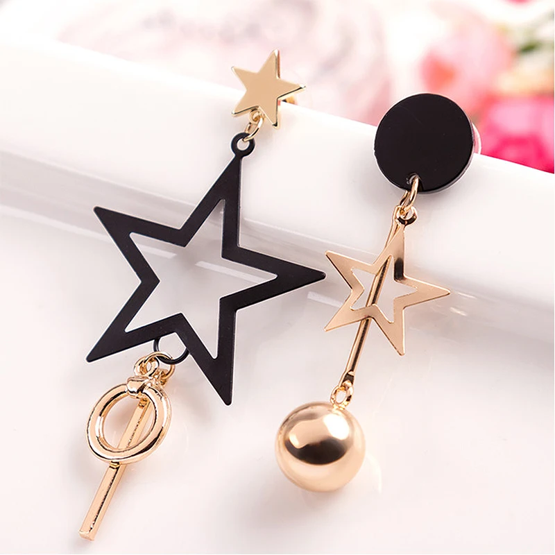 

Fashion Drop Earrings Graceful Alloy 2PCS/Pair High Quality Women Round Allergy Free Dissymmetry Black Long Five-pointed Star