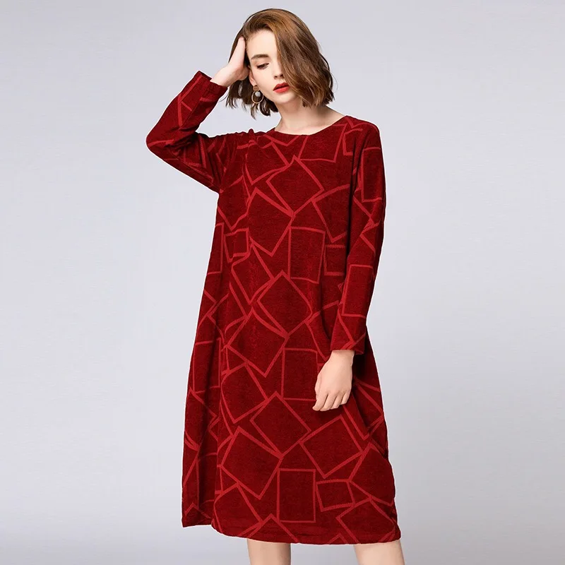 2018 Autumn Maternity Dress Casual Pregnancy Dress Elegant Plus Size Dress Pockets Full Boat Neck Geometric