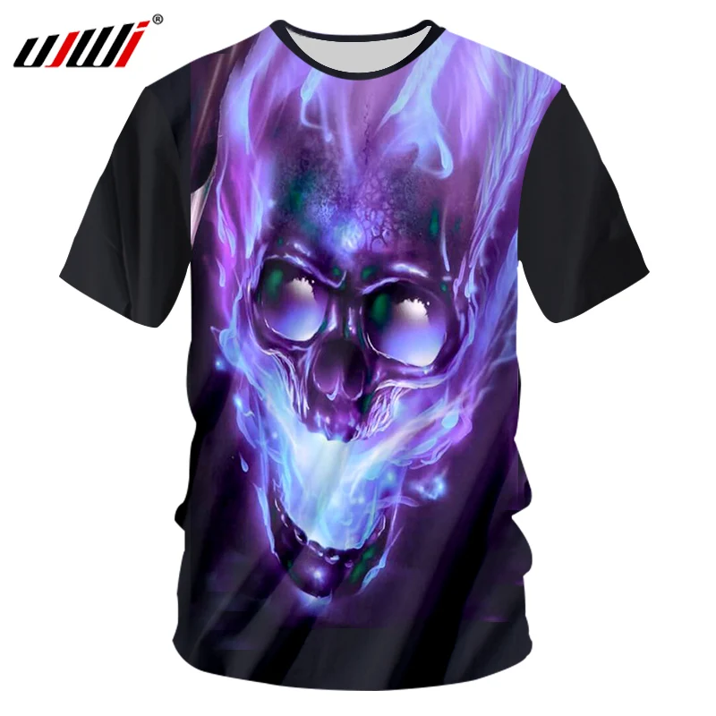 

UJWI Casual Tshirts Men Hip Hop Short Sleeve O-neck Fitness Undershirts T Shirts Man Cool Print Purple Smoking Skull T-shirts