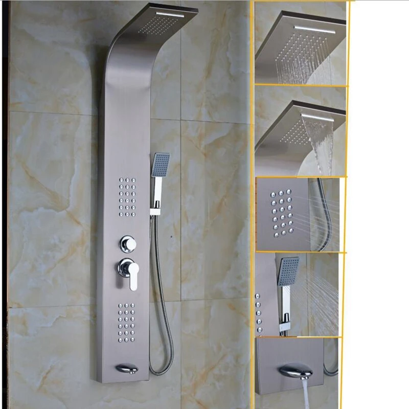 Single Handle Brushed Nickel Shower Column Panel Mixer Tap+Hand Shower Jet Spray