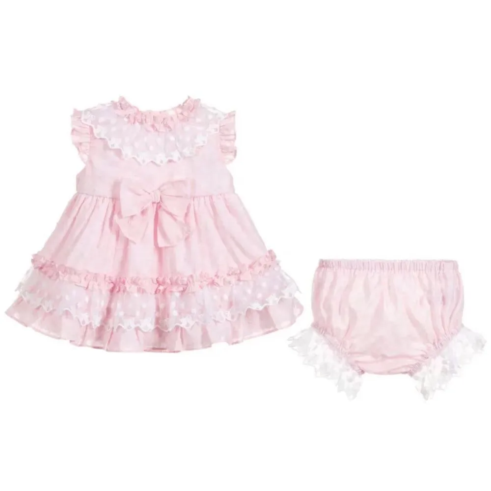 

2 PCS Summer Baby Girl Pink Vintage Spanish Dress Set Pink Lace Big Bow Princess Dress Birthday Party Dress for Girls Casual