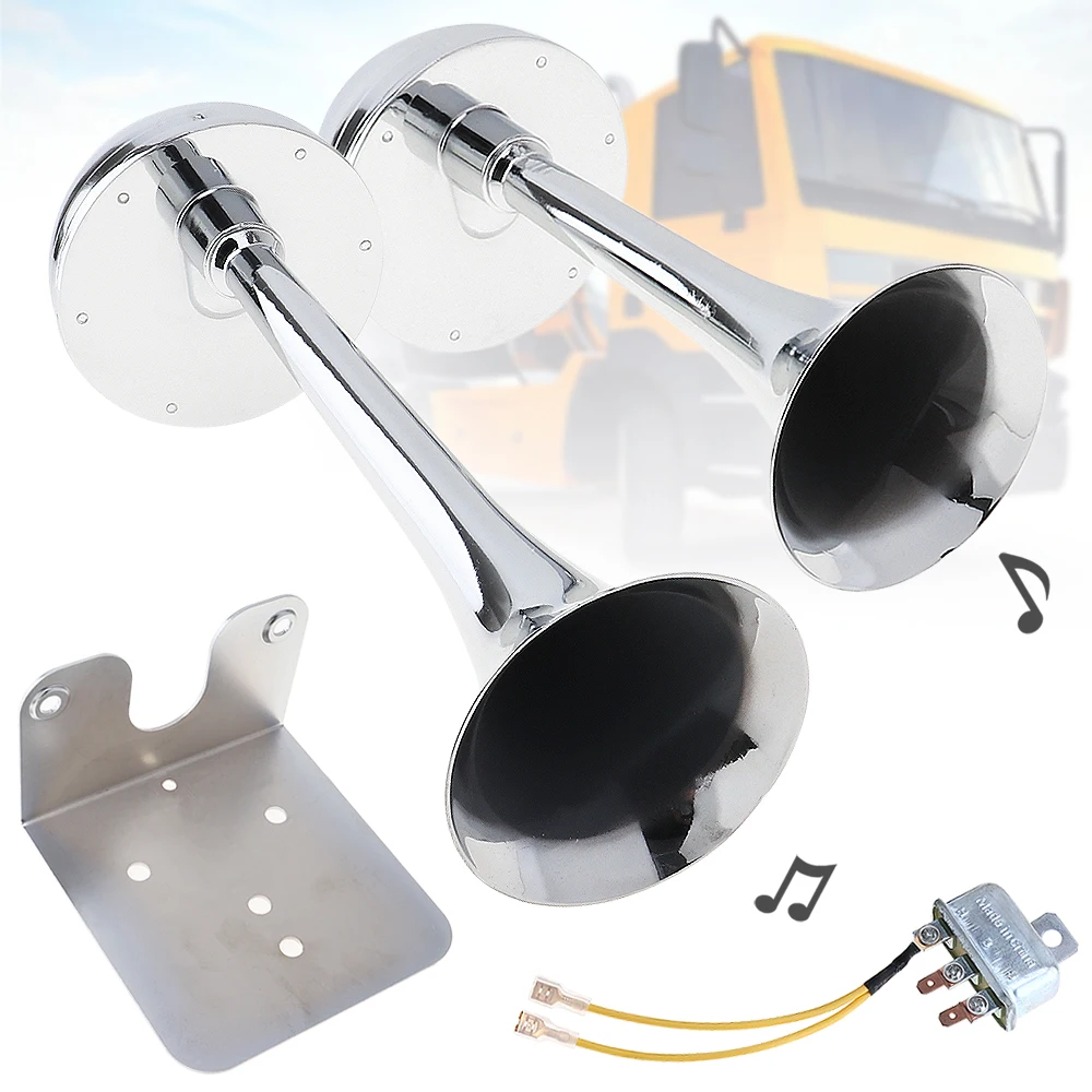 12V 24V 126DB Super Loud Dual Trumpet Metal Tracheal Electric Air Horn Powerful with Bracket for